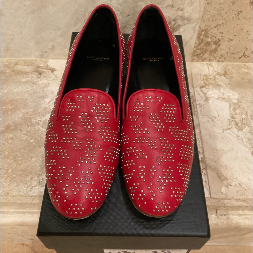 SAINT LAURENT RED SILVER STUDDED LOAFERS SIZE 37.5
